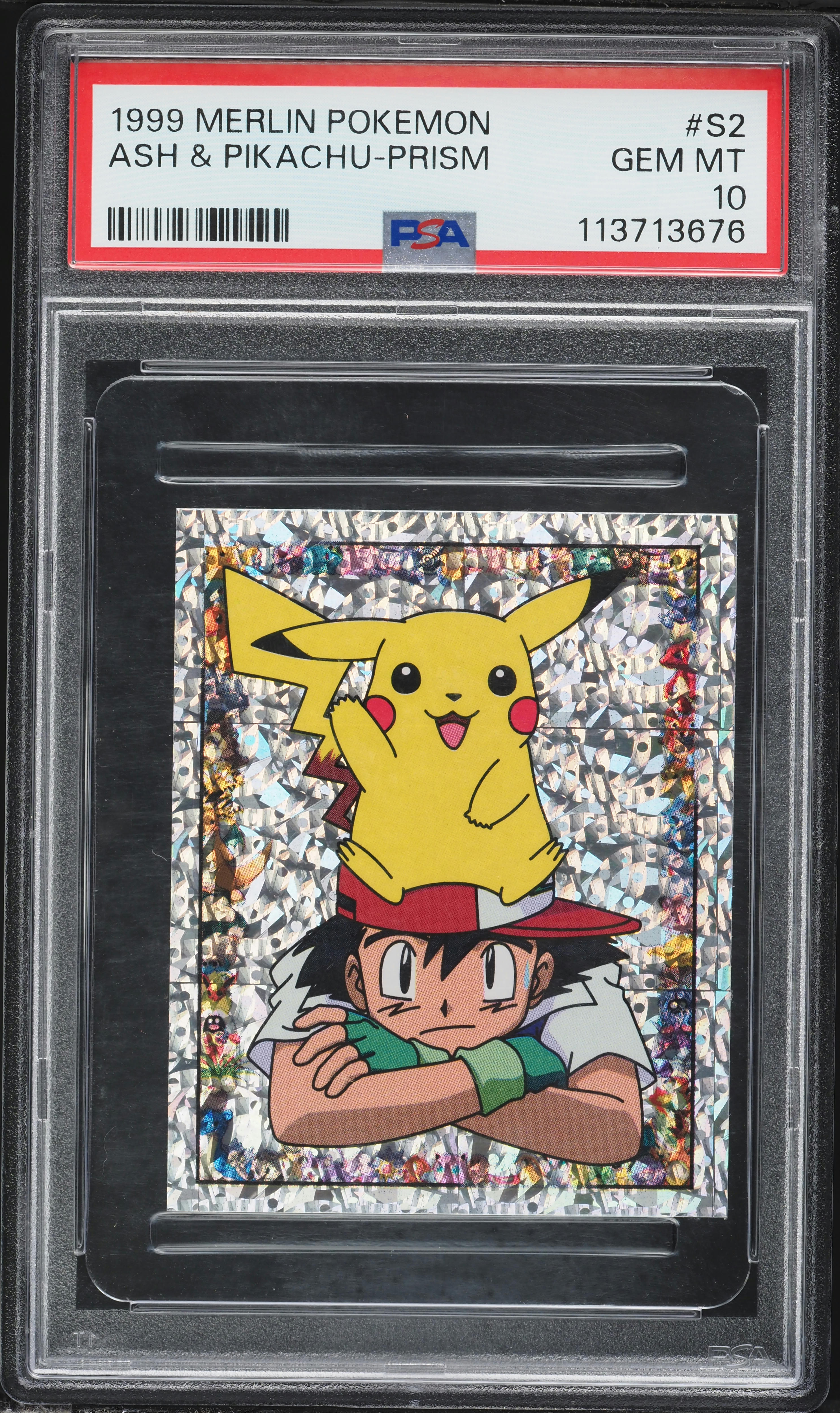 1999 Pokemon Merlin Stickers Prism Ash & Pikachu #S2 PSA 10 GEM