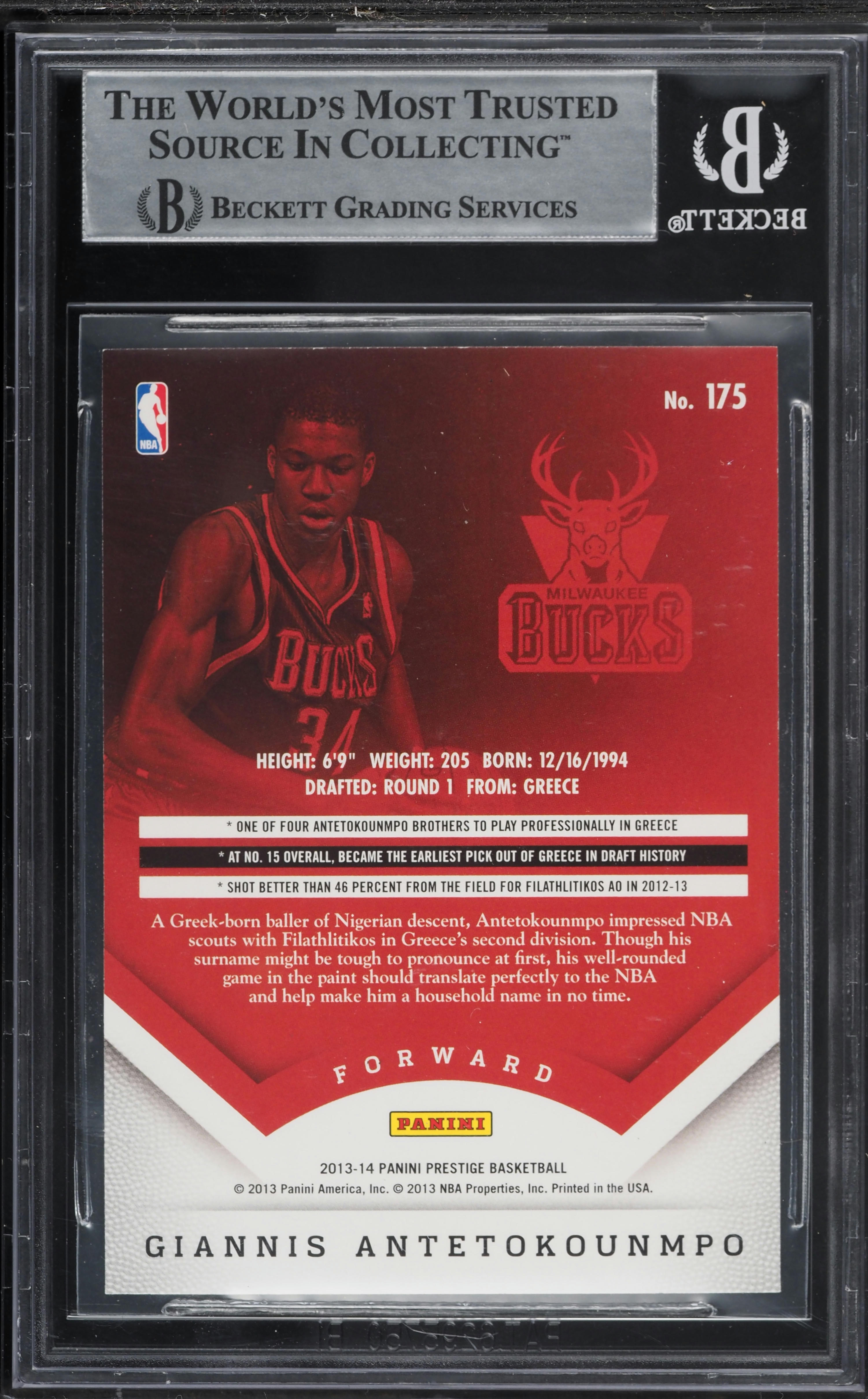 2013 Panini Prestige Giannis Antetokounmpo ROOKIE AUTO #175 BGS