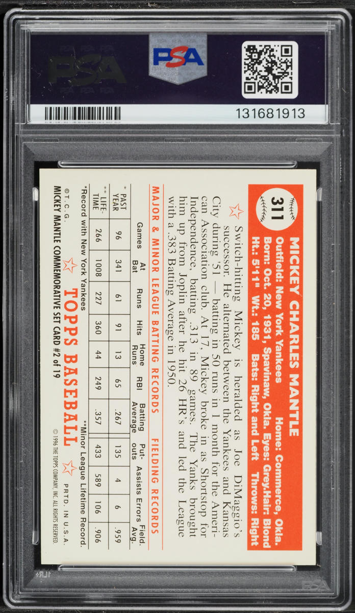 1996 Topps '52 Reprint Mickey Mantle #2 PSA 9 MINT