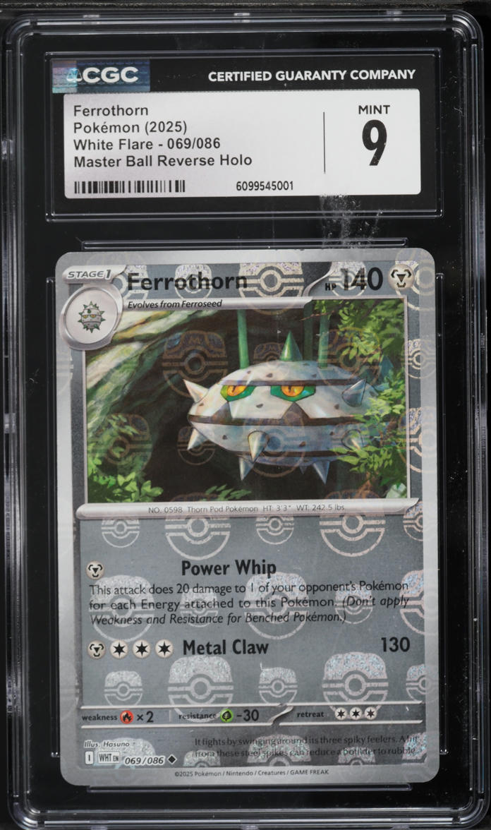2025 Pokemon Scarlet & Violet White Flare Master Ball Reverse Holo Ferrothorn #069 CGC 9 MINT on Fanatics Collect 2025 Pokemon Scarlet & Violet White Flare Master Ball Reverse Holo Ferrothorn #069 CGC 9 MINT on Fanatics Collect