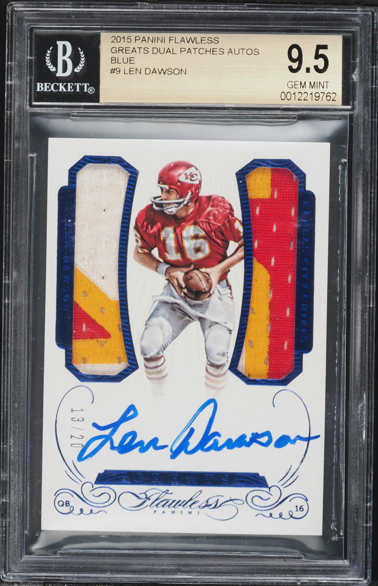 2015 Panini Flawless Greats Dual Blue Len Dawson PATCH AUTO /20 #9 BGS 9.5 GEM MINT