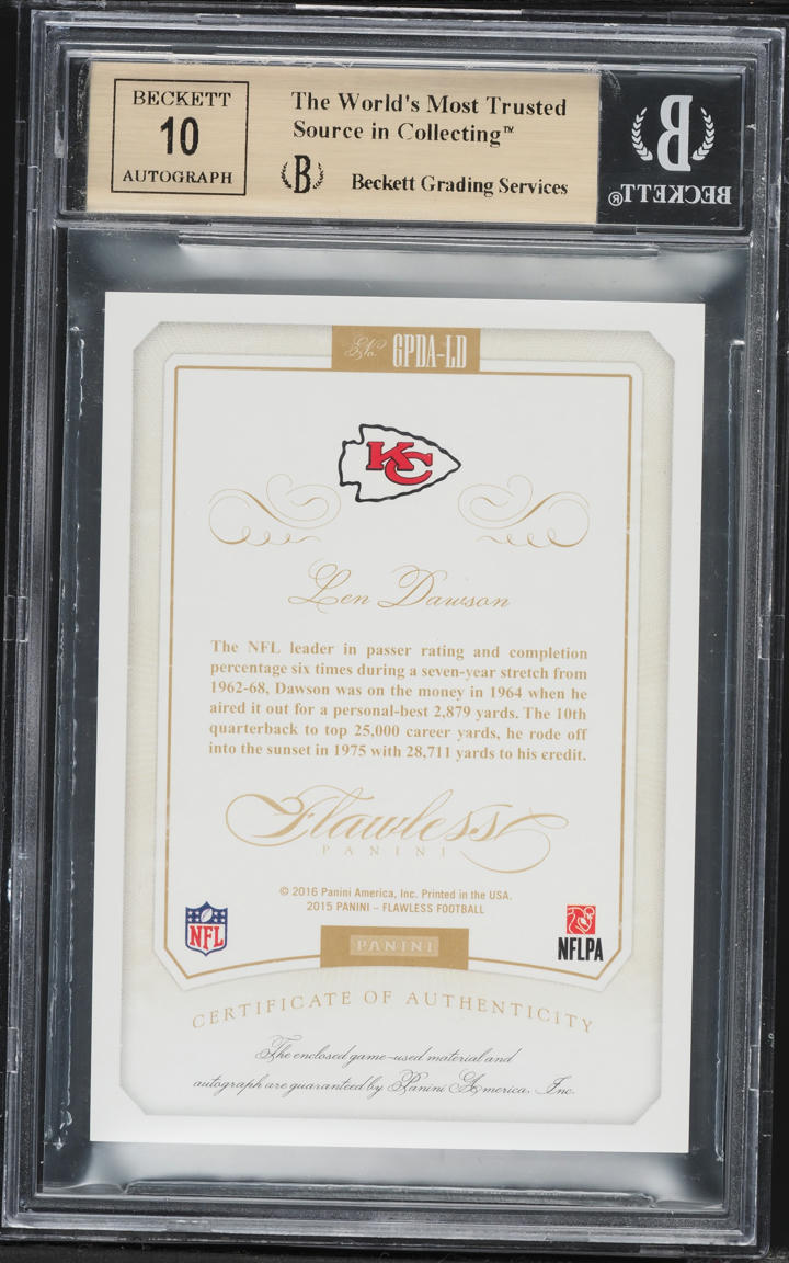 2015 Panini Flawless Greats Dual Blue Len Dawson PATCH AUTO /20 #9 BGS 9.5 GEM MINT