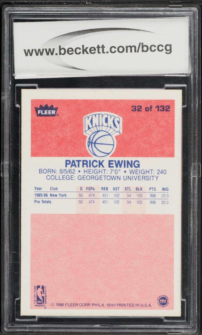 1986 Fleer Basketball Patrick Ewing ROOKIE AUTO #32 BCCG 10
