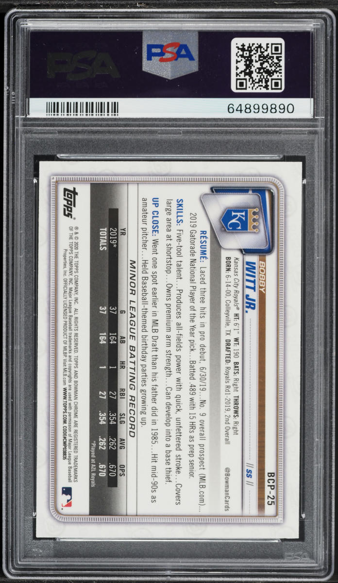 2020 Bowman Chrome Mega Box Bobby Witt Jr. PROSPECT #BCP-25 PSA 9 MINT