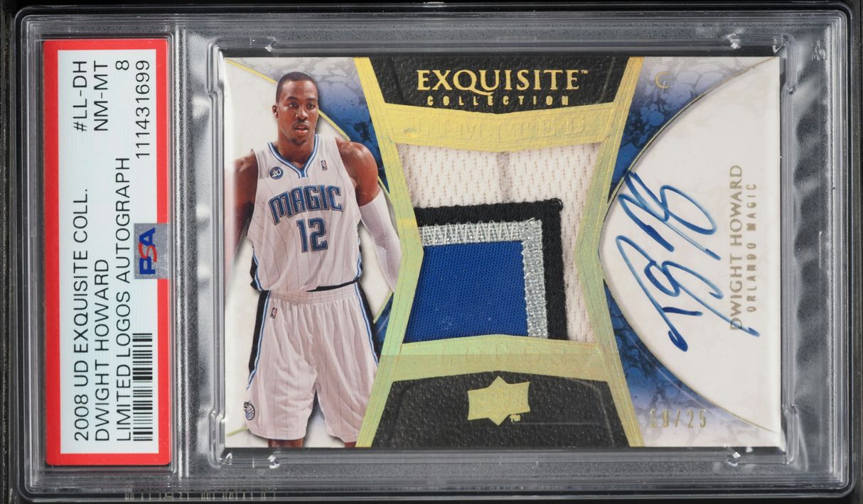 2008 Exquisite Collection Limited Dwight Howard PATCH AUTO /25 #LL-DH PSA 8  NM-MT on Fanatics Collect, image size:1214x710