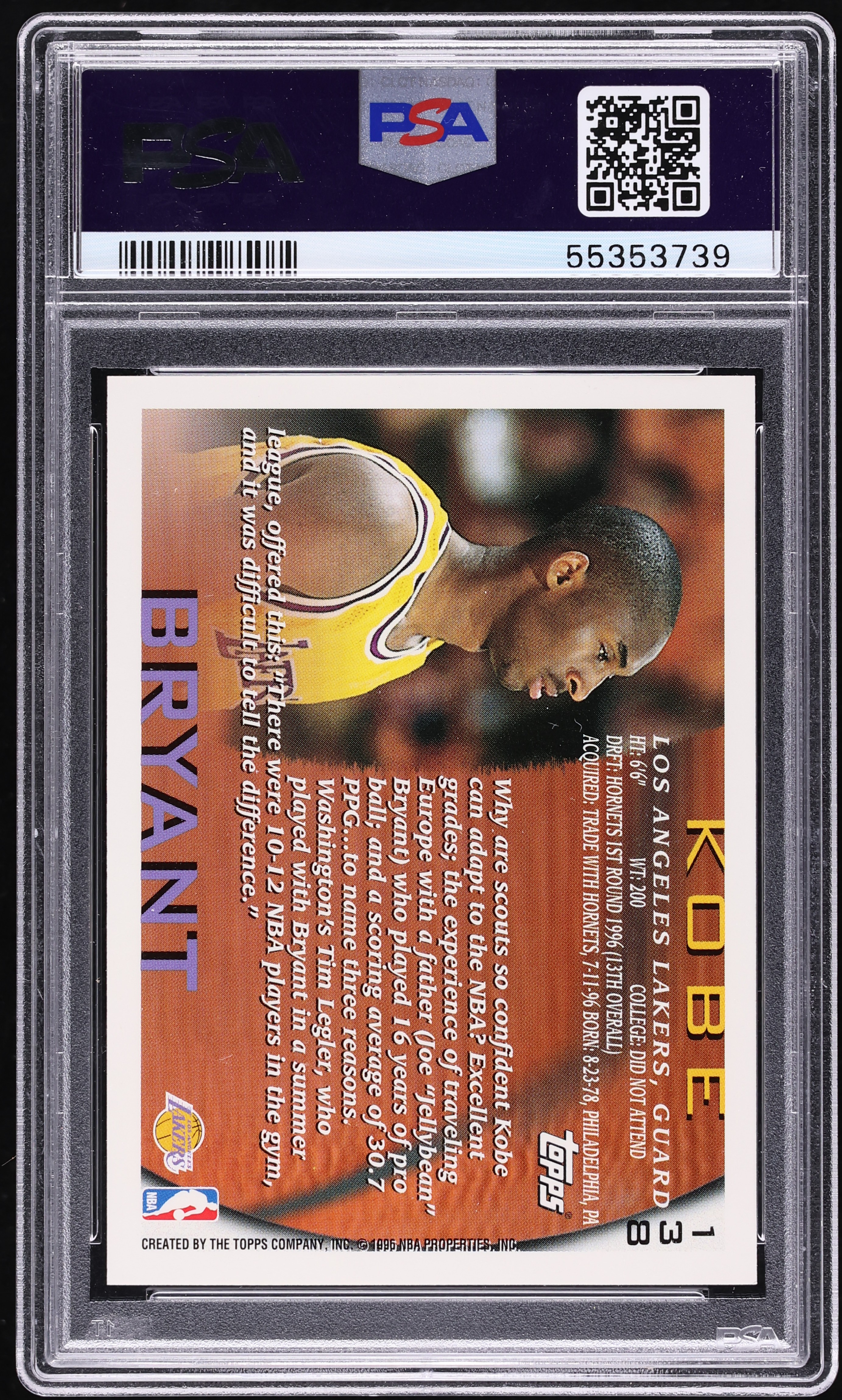 1996 Topps Basketball Kobe Bryant ROOKIE #138 PSA 10 GEM MINT on