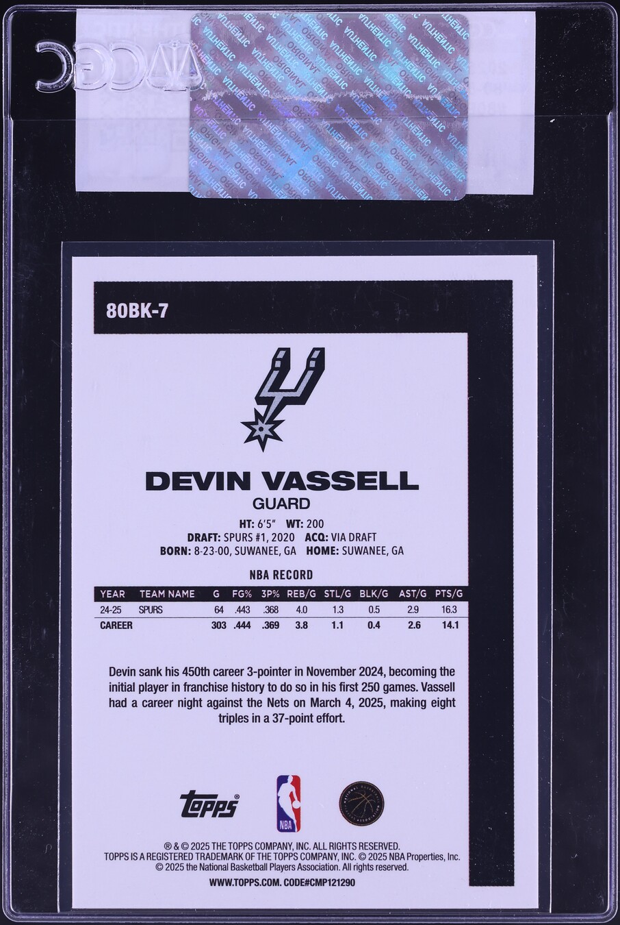 2025 Topps '80-81 Topps Devin Vassell #80BK-7 CGC AUTH