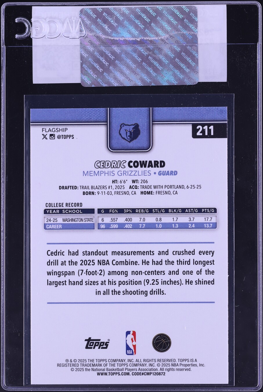 2025 Topps Cedric Coward ROOKIE #211 CGC AUTH
