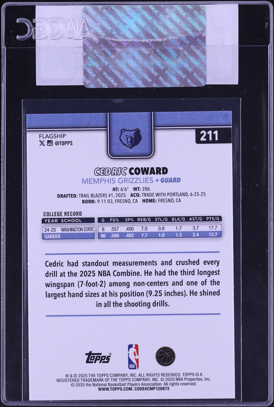 2025 Topps Cedric Coward ROOKIE #211 CGC AUTH