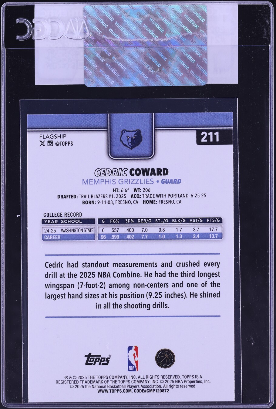 2025 Topps Cedric Coward ROOKIE #211 CGC AUTH
