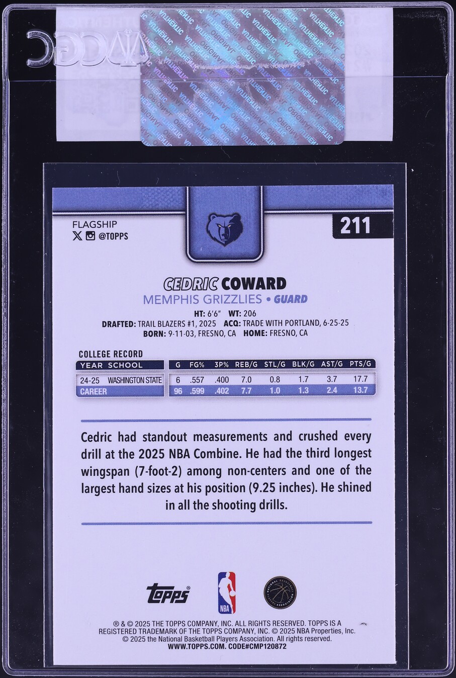 2025 Topps Cedric Coward ROOKIE #211 CGC AUTH