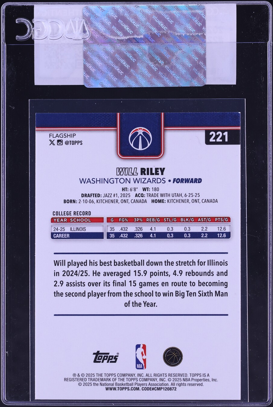 2025 Topps Will Riley ROOKIE #221 CGC AUTH
