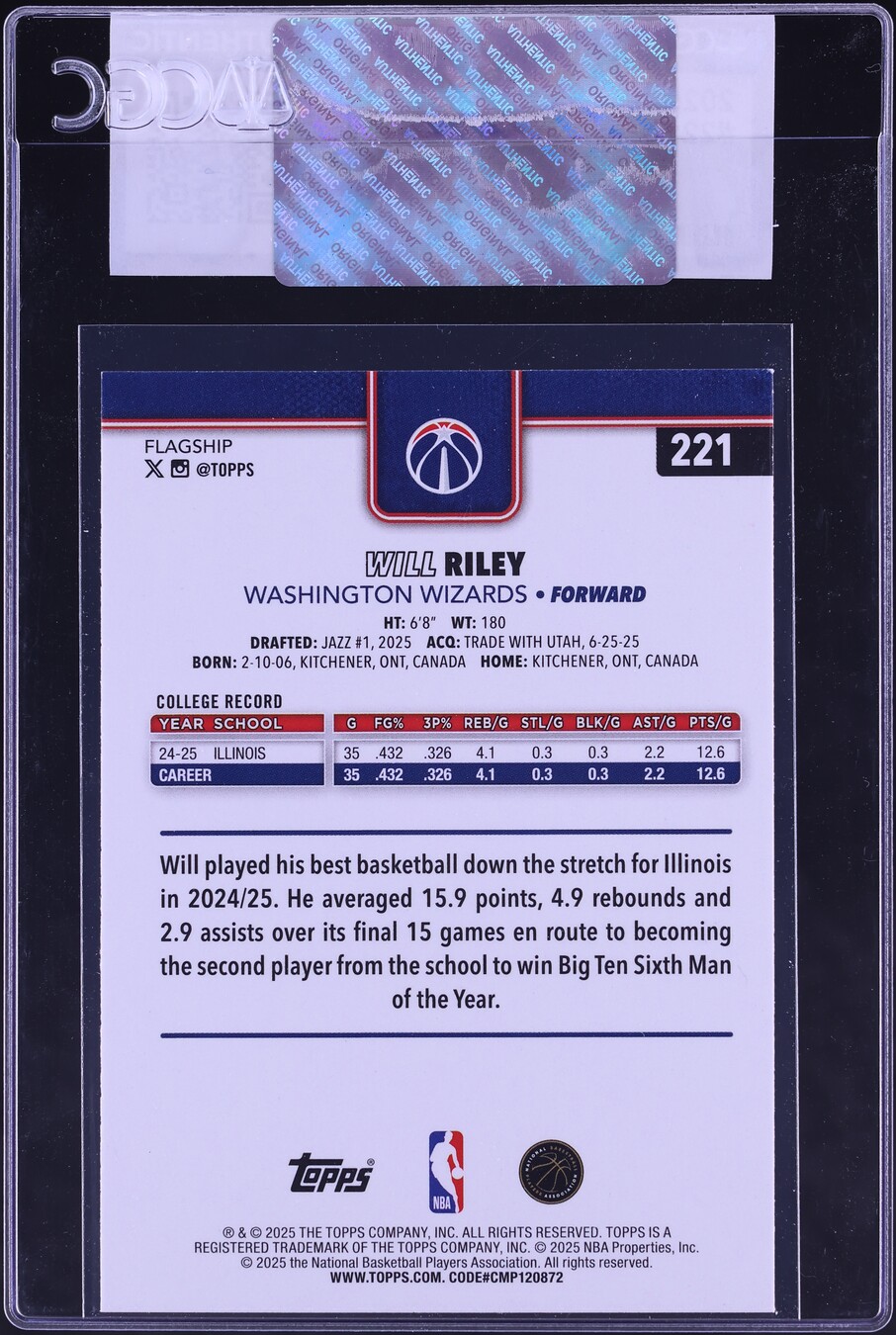 2025 Topps Will Riley ROOKIE #221 CGC AUTH