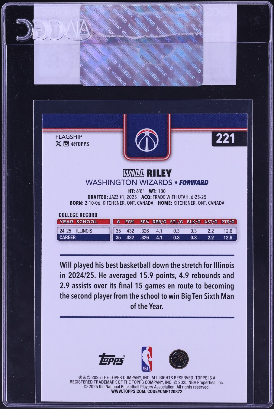 2025 Topps Will Riley ROOKIE #221 CGC AUTH