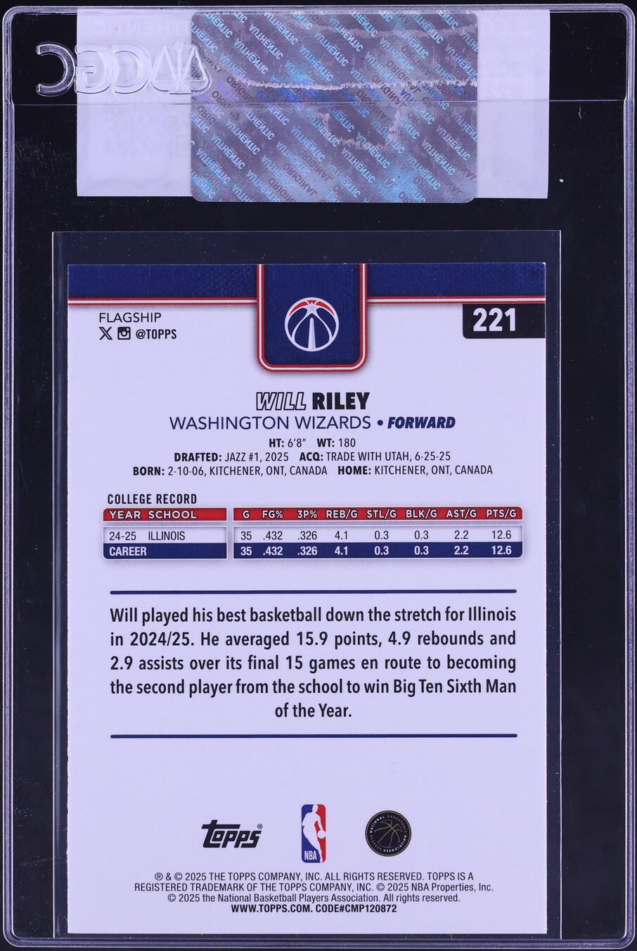2025 Topps Will Riley ROOKIE #221 CGC AUTH
