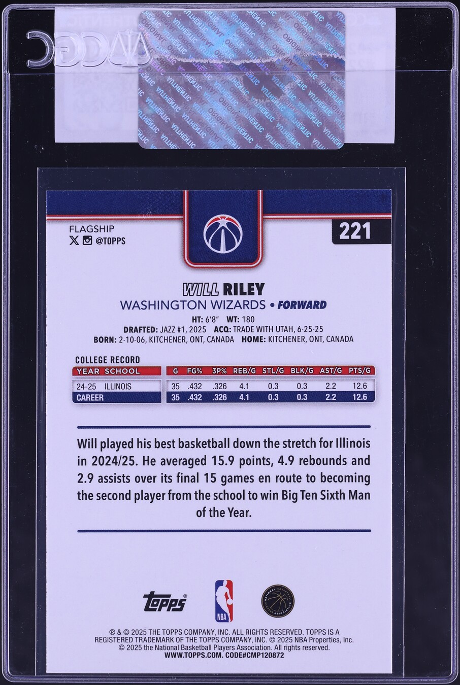 2025 Topps Will Riley ROOKIE #221 CGC AUTH