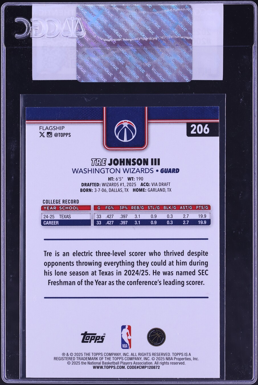 2025 Topps Tre Johnson III ROOKIE #206 CGC AUTH