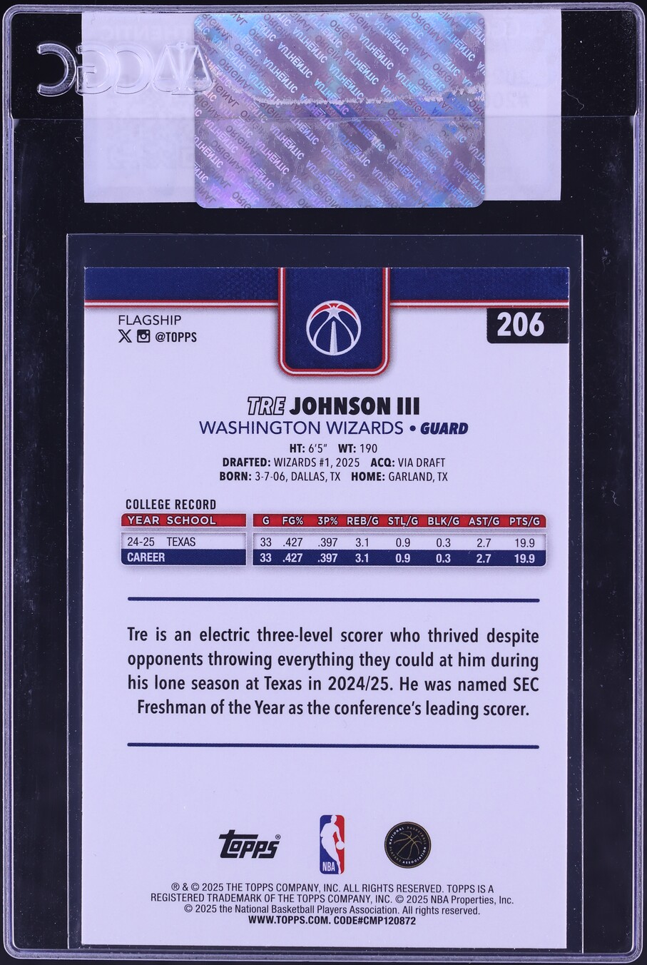 2025 Topps Tre Johnson III ROOKIE #206 CGC AUTH