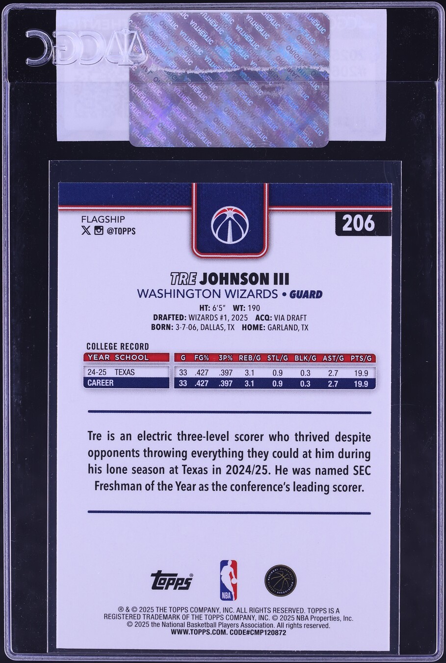 2025 Topps Tre Johnson III ROOKIE #206 CGC AUTH