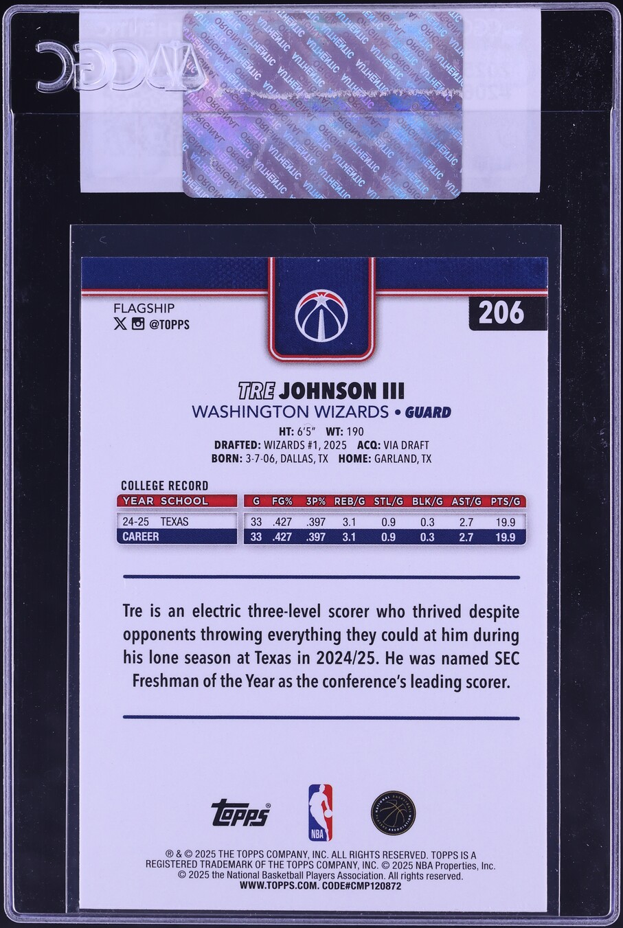 2025 Topps Tre Johnson III ROOKIE #206 CGC AUTH