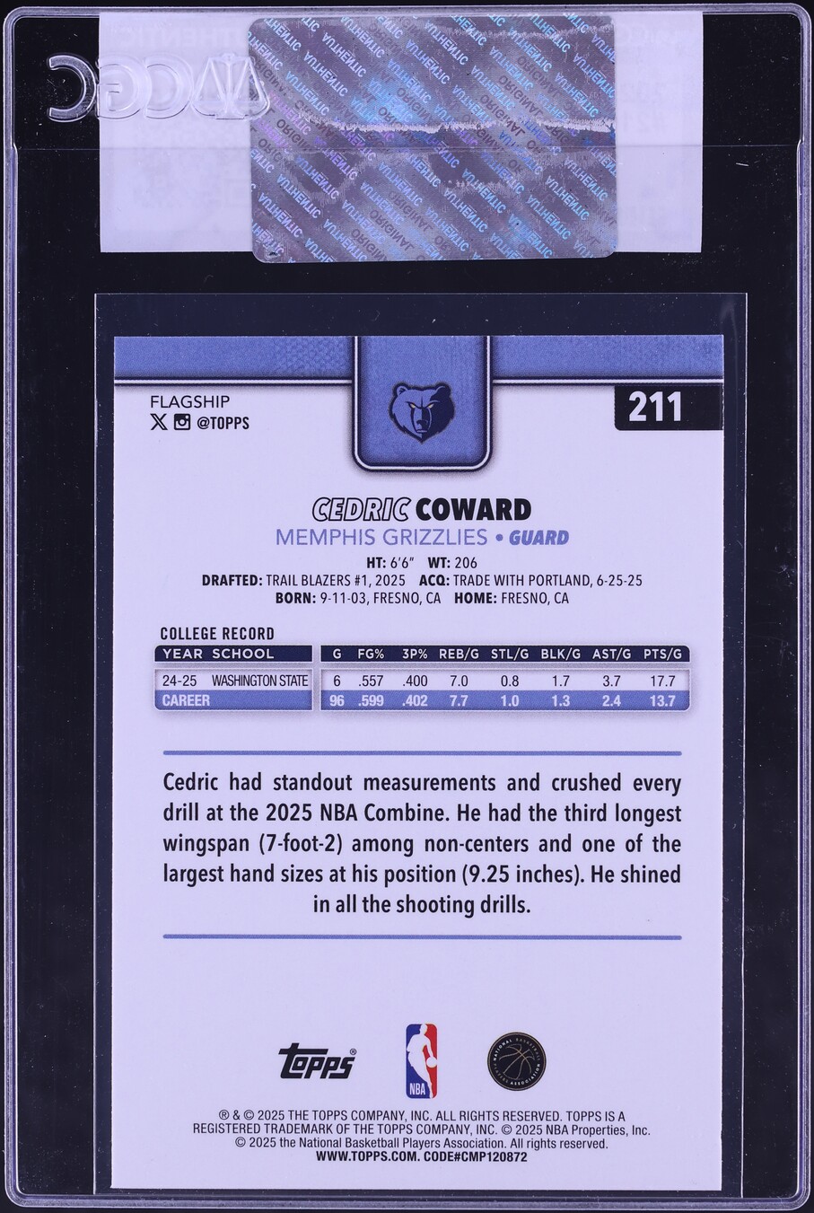 2025 Topps Cedric Coward ROOKIE #211 CGC AUTH