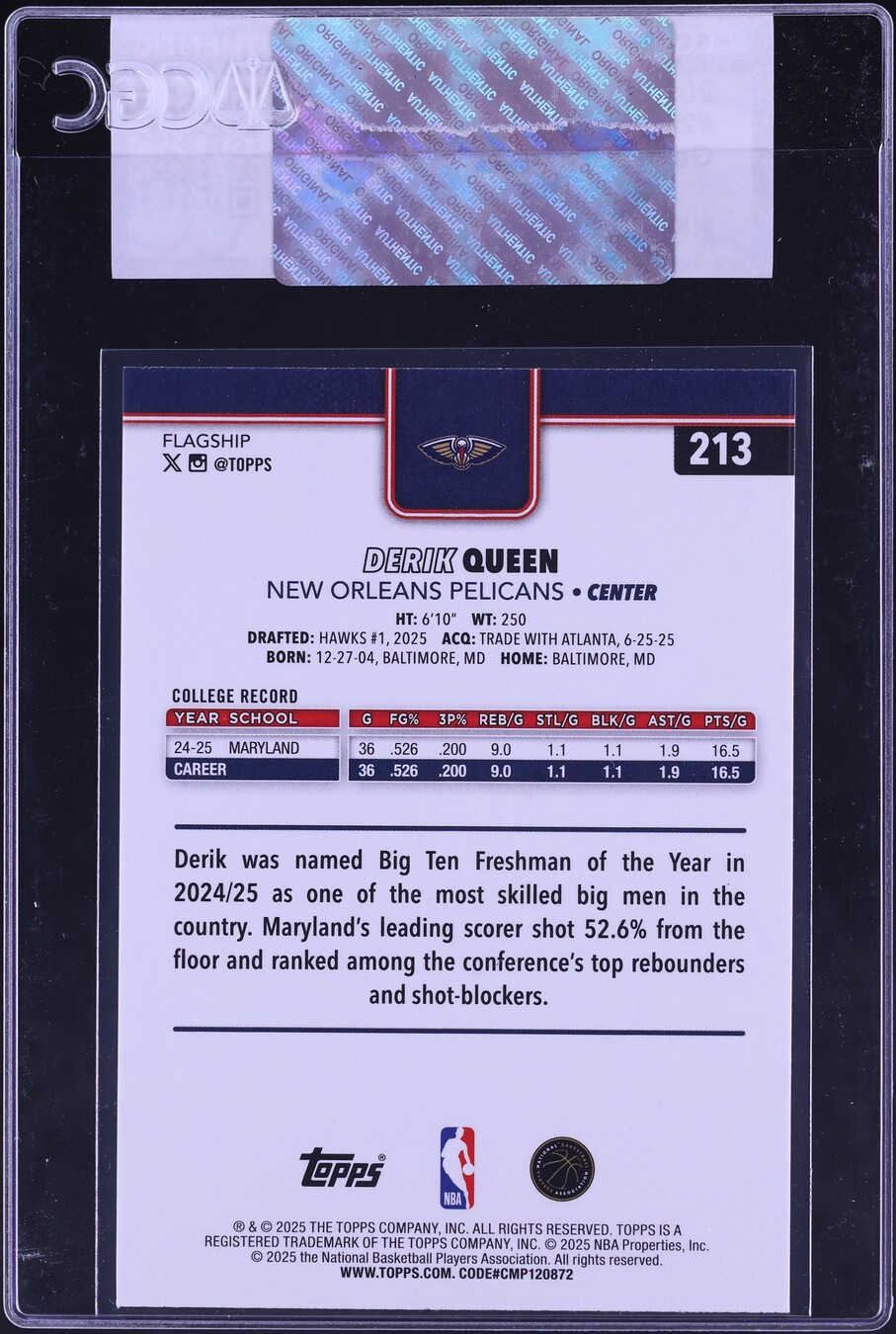 2025 Topps Gold Derik Queen ROOKIE /2025 #213 CGC AUTH