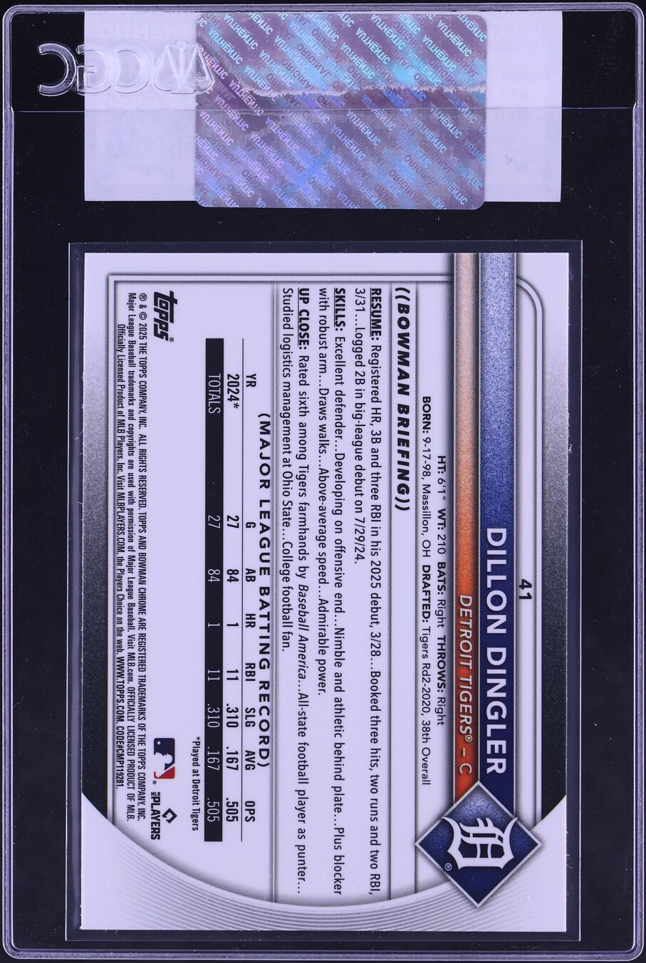 2025 Bowman Chrome Red Redemption Dillon Dingler ROOKIE#41 CGC AUTH