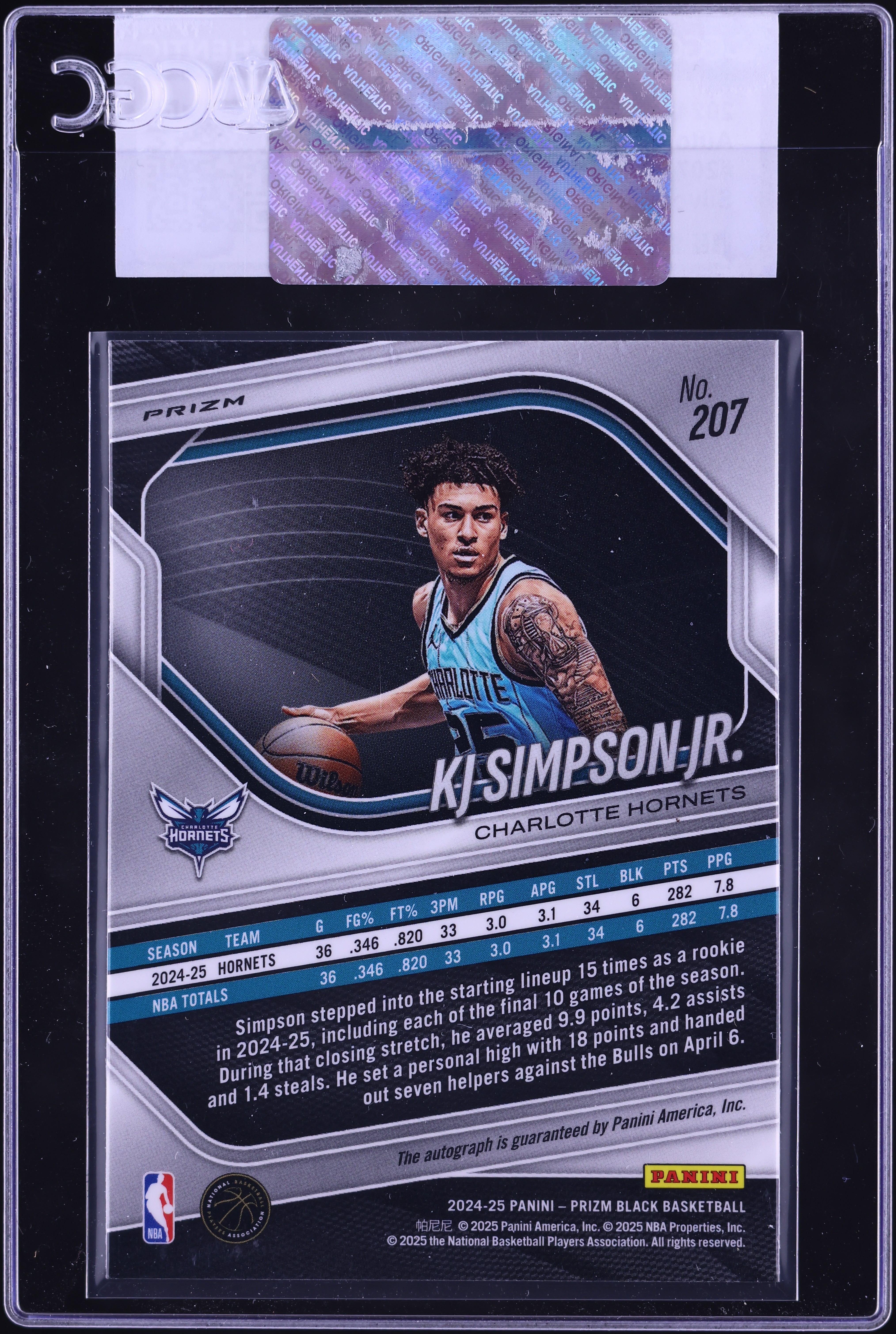 2024 Panini Prizm Black Silver KJ Simpson Jr. ROOKIE AUTO #207 CGC