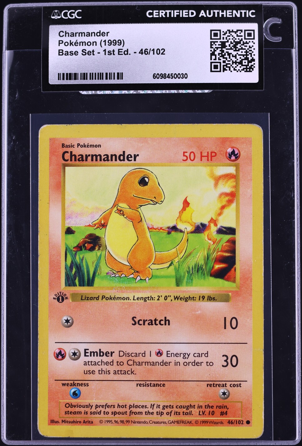 1999 Pokemon Base Set Shadowless 1st Edition Charmander #46 CGC AUTH