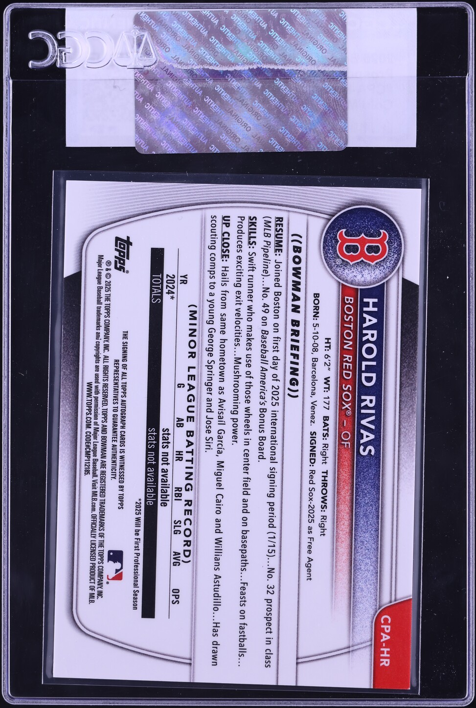 2025 Bowman Chrome Gold Mini-Diamond Refractor Harold Rivas PROSPECT AUTO /50 #CPA-HR CGC AUTH
