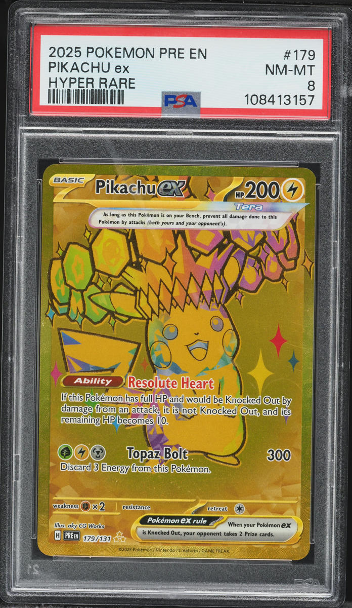 2025 Pokemon Scarlet & Violet Prismatic Evolutions Gold Rare Pikachu ex #179 PSA 8 NM-MT