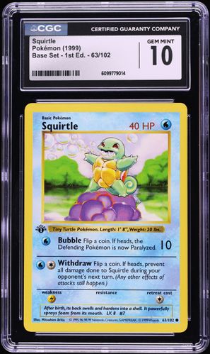 1999 Pokemon Base Set Shadowless 1st Edition Squirtle #63 CGC 10 GEM MINT