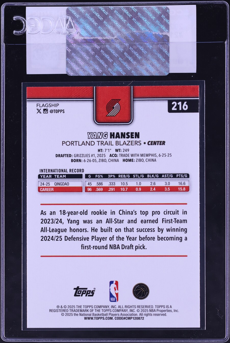 2025 Topps Basketball Yang Hansen ROOKIE #216 CGC AUTH