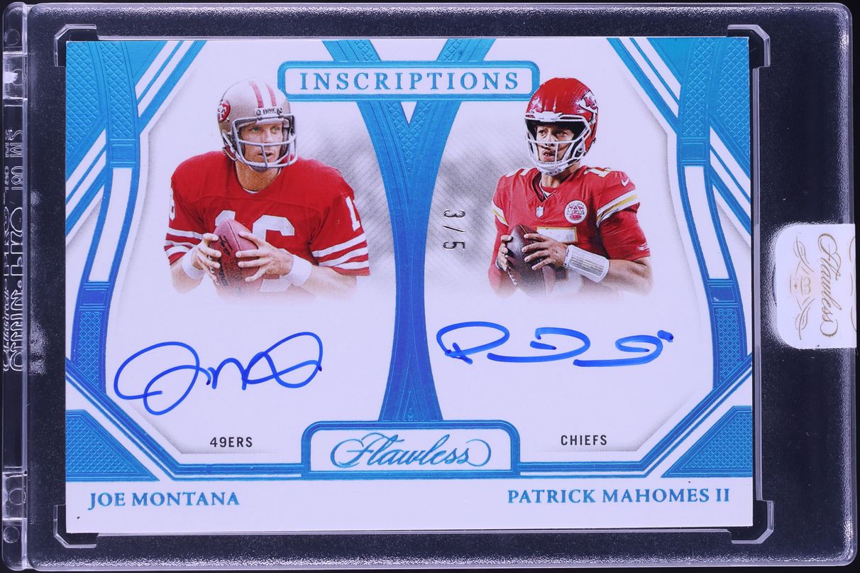 Patrick Mahomes Auto Inscription 2024 Panini Flawless Inscriptions Dual Joe Montana & Patrick Mahomes II ...