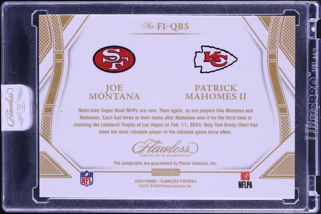 Patrick Mahomes Auto Inscription 2024 Panini Flawless Inscriptions Dual Joe Montana & Patrick Mahomes II ...