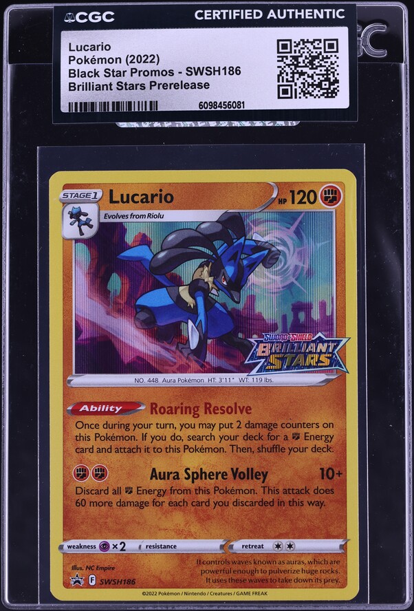2022 Pokemon  Sword & Shield Promo Brilliant Stars Prerelease Lucario #SWSH186 CGC AUTH
