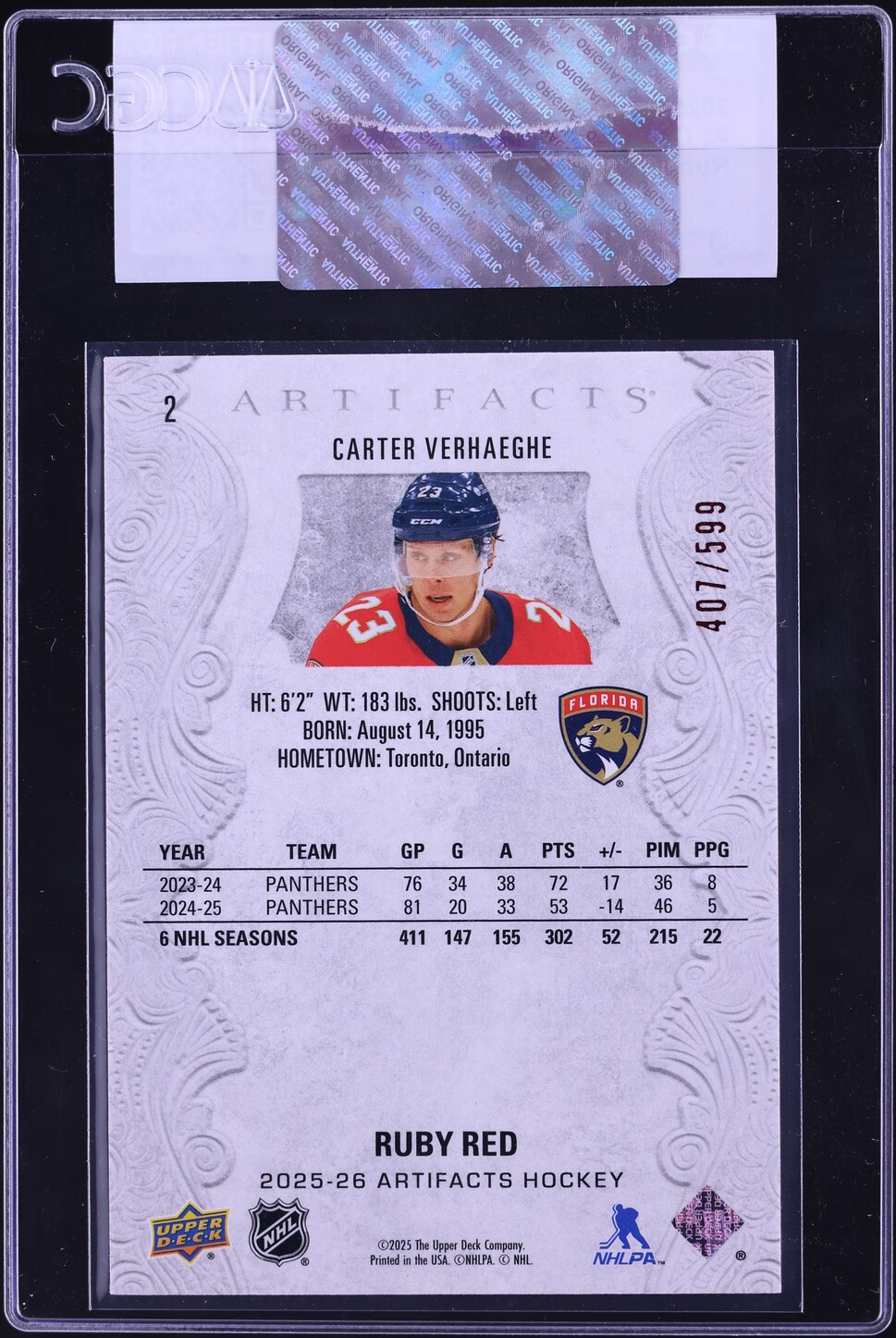 2025 Upper Deck Artifacts Ruby Carter Verhaeghe /599 #2 CGC AUTH