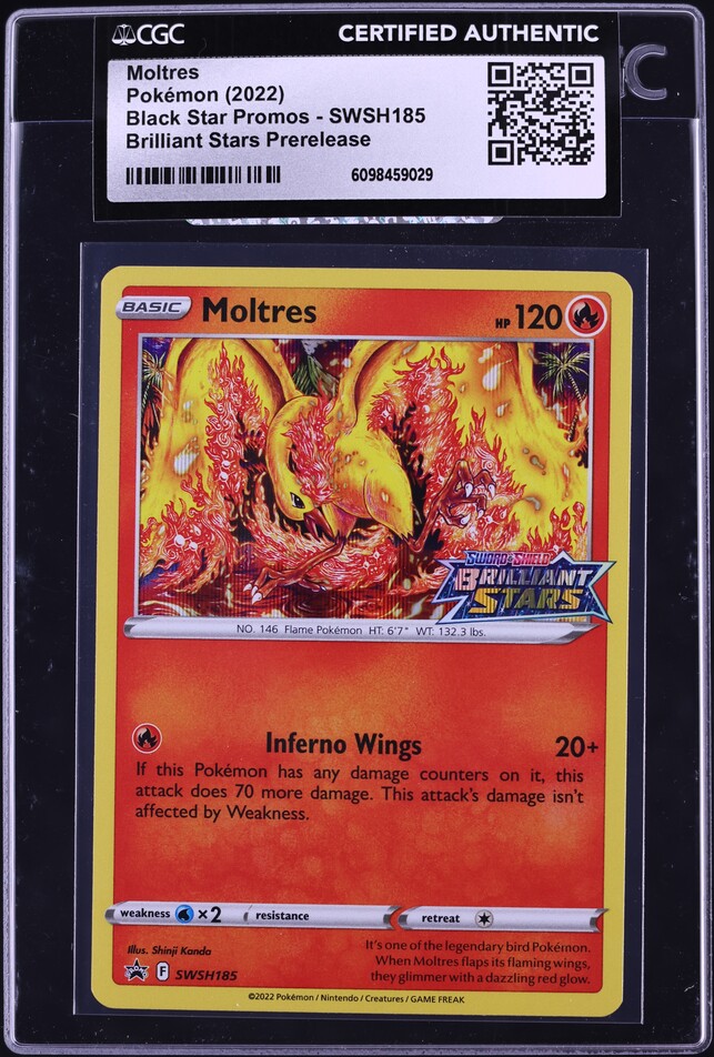 2022 Pokemon Sword & Shield Promo Brilliant Stars Prerelease Holo Moltres #SWSH185 CGC AUTH