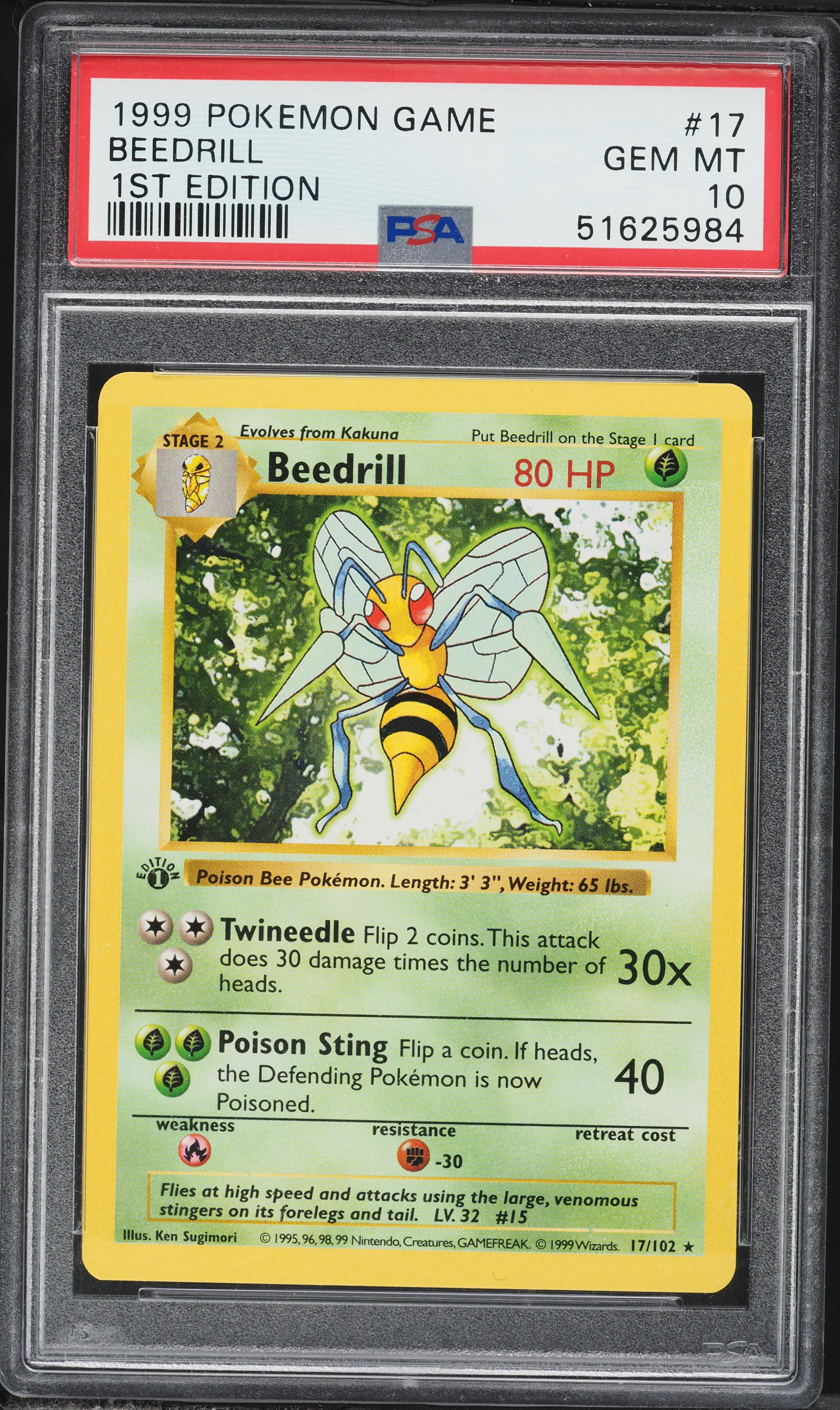 beedrill pokemon card 17 102 1999 Pokemon Base Set Shadowless 1st Edition Beedrill #17 PSA 10 GEM MINT