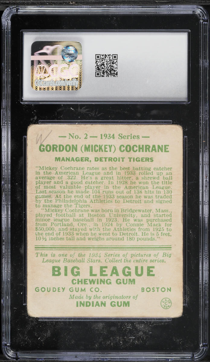 1934 Goudey Mickey Cochrane #2 CGC 1.5 FR