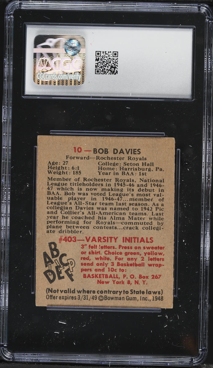 1948 Bowman Basketball Bob Davies ROOKIE #10 CGC 6 EXMT