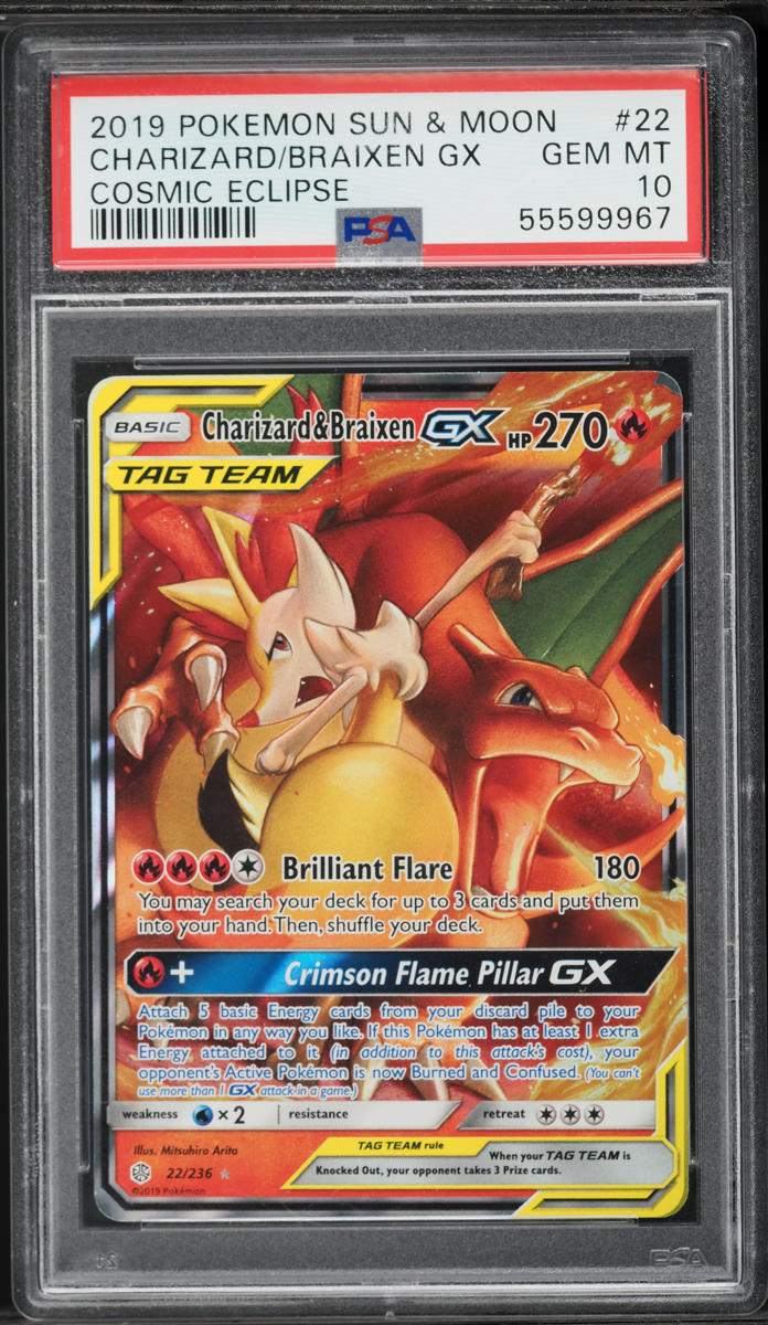 2019 Pokemon Sun & Moon Cosmic Eclipse Charizard & Braixen GX #22 PSA 10
