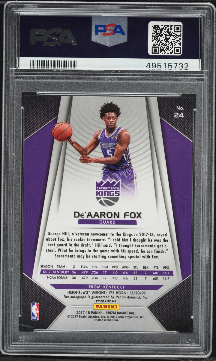 2017 Panini Prizm Fast Break De'Aaron Fox ROOKIE AUTO #24 PSA 10 GEM MINT