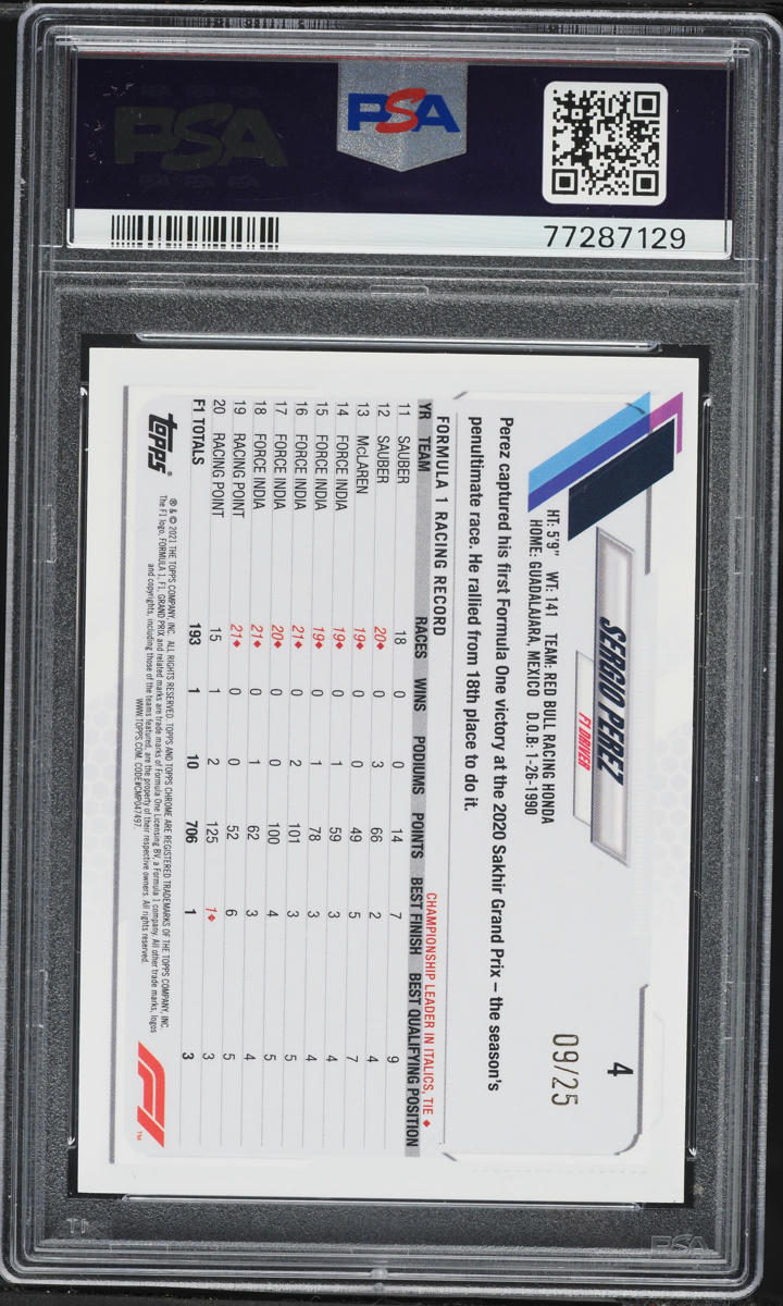 2021 Topps Chrome Formula 1 Orange Refractor Sergio Perez /25 #4 PSA 10 GEM MINT