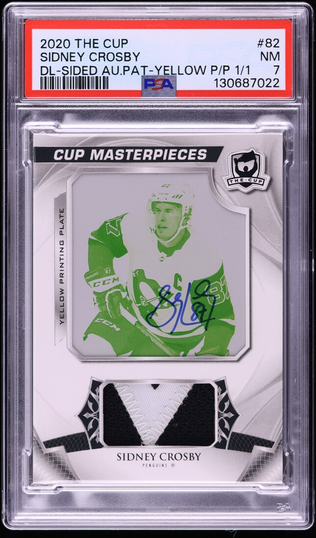 2020 Upper Deck The Cup Yellow Printing Plate Sidney Crosby PATCH AUTO 1/1 #82 PSA 7 NRMT