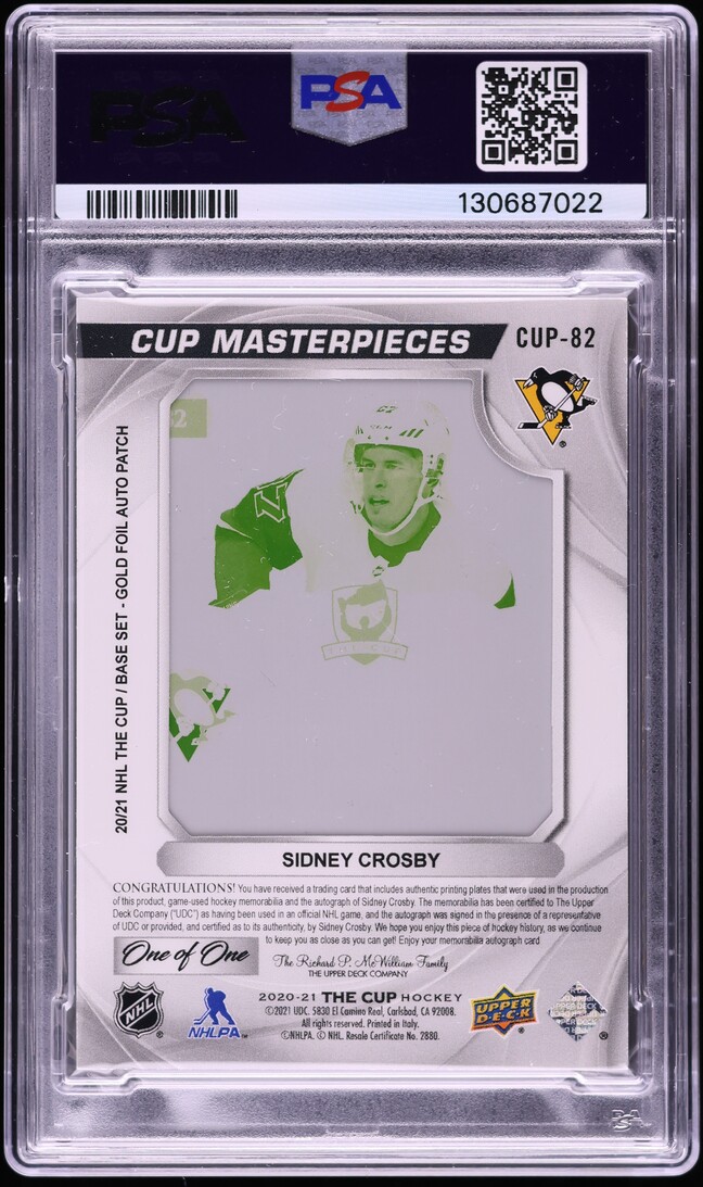 2020 Upper Deck The Cup Yellow Printing Plate Sidney Crosby PATCH AUTO 1/1 #82 PSA 7 NRMT