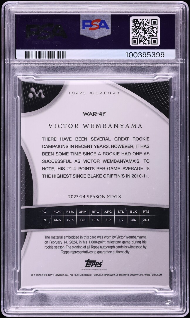2023 Topps Mercury Black Victor Wembanyama ROOKIE PATCH AUTO 10/10 #WAR4F PSA 8 NM-MT