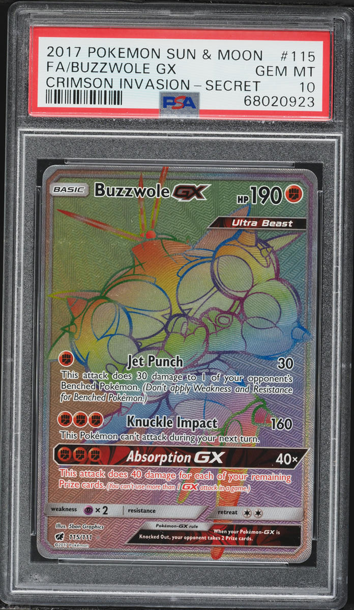 2017 Pokemon Sun & Moon Crimson Invasion Rainbow Rare Buzzwole GX #115 PSA 10 GEM MINT