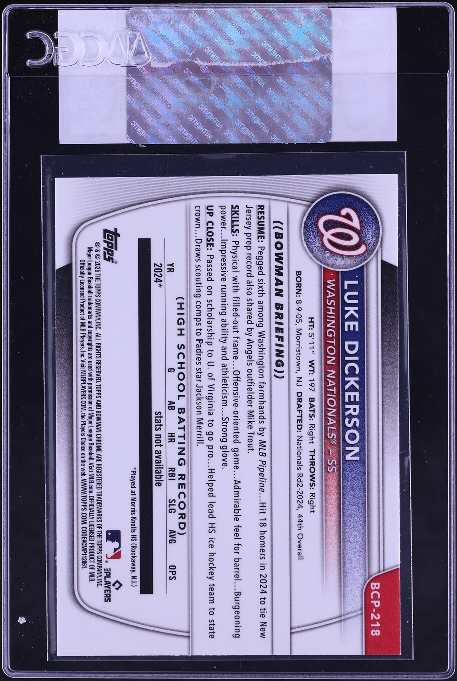 2025 Bowman Chrome Purple Wave Refractor Luke Dickerson PROSPECT /250 #BCP-218 CGC AUTH