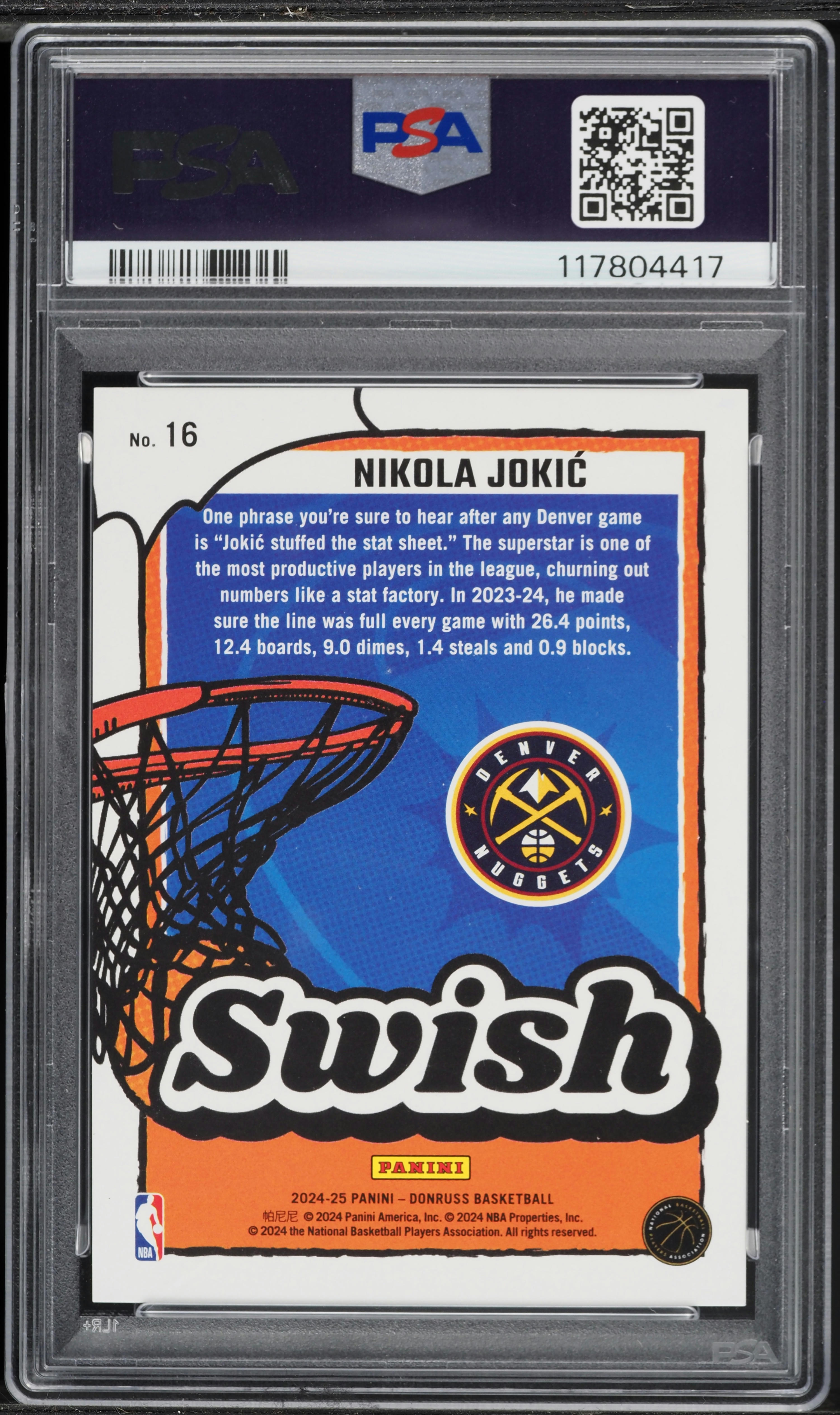 2024 Donruss Swish Holo Blue Laser Nikola Jokic /49 #16 PSA 10 GEM